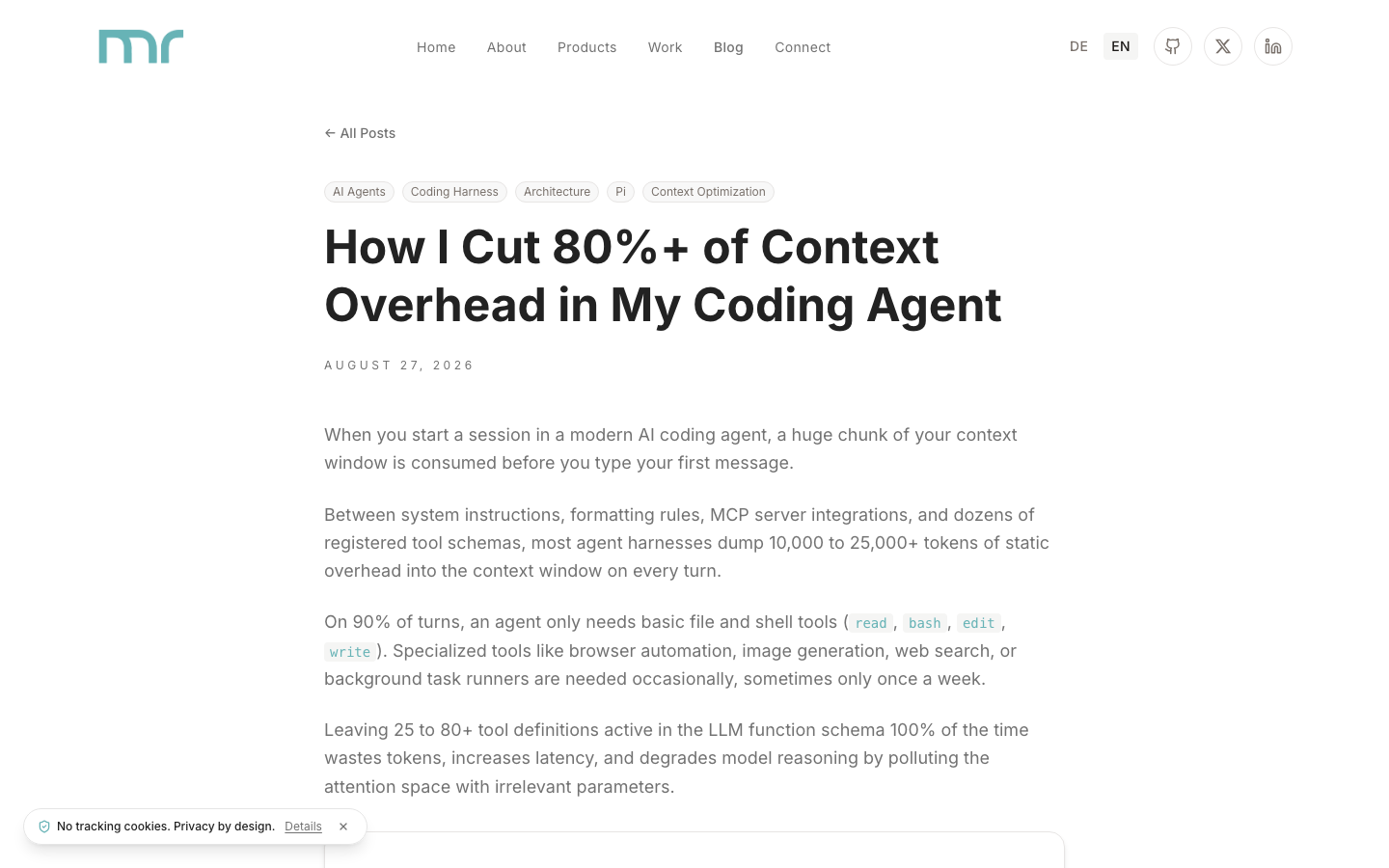 Пост Mohammed Reschreiter — I Cut 80%+ of Context Overhead (28.08.2026)