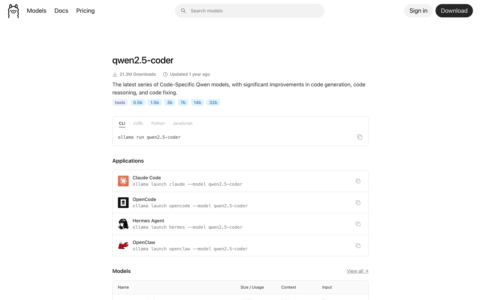 Страница модели на Ollama: семейство qwen2.5-coder и запуск с агентами
