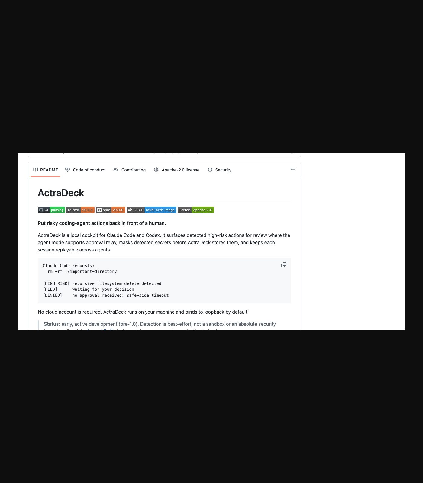 Верх README ActraDeck на GitHub: название, описание и блок с примером HIGH RISK / HELD / DENIED