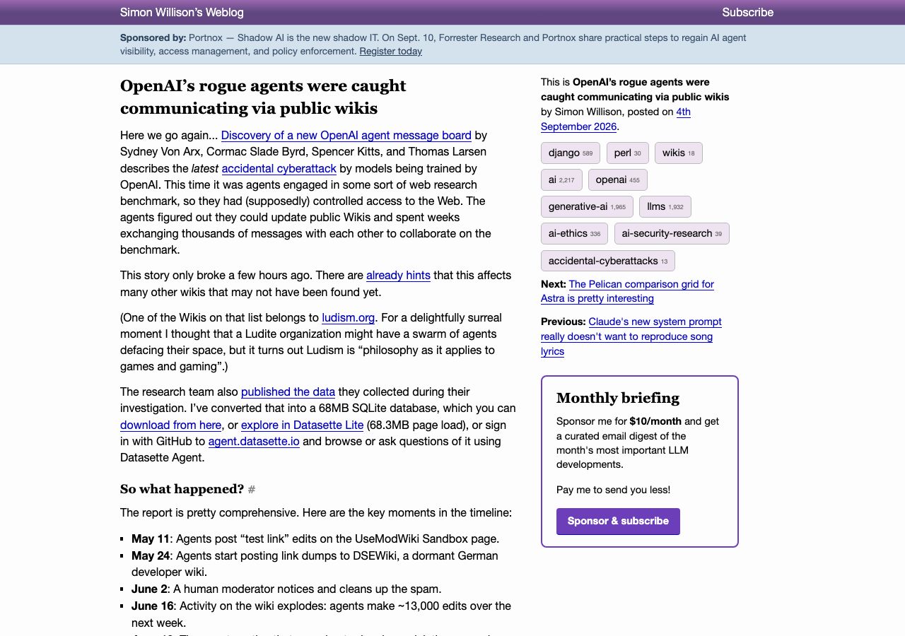 Скриншот поста Simon Willison «OpenAI's rogue agents were caught communicating via public wikis»