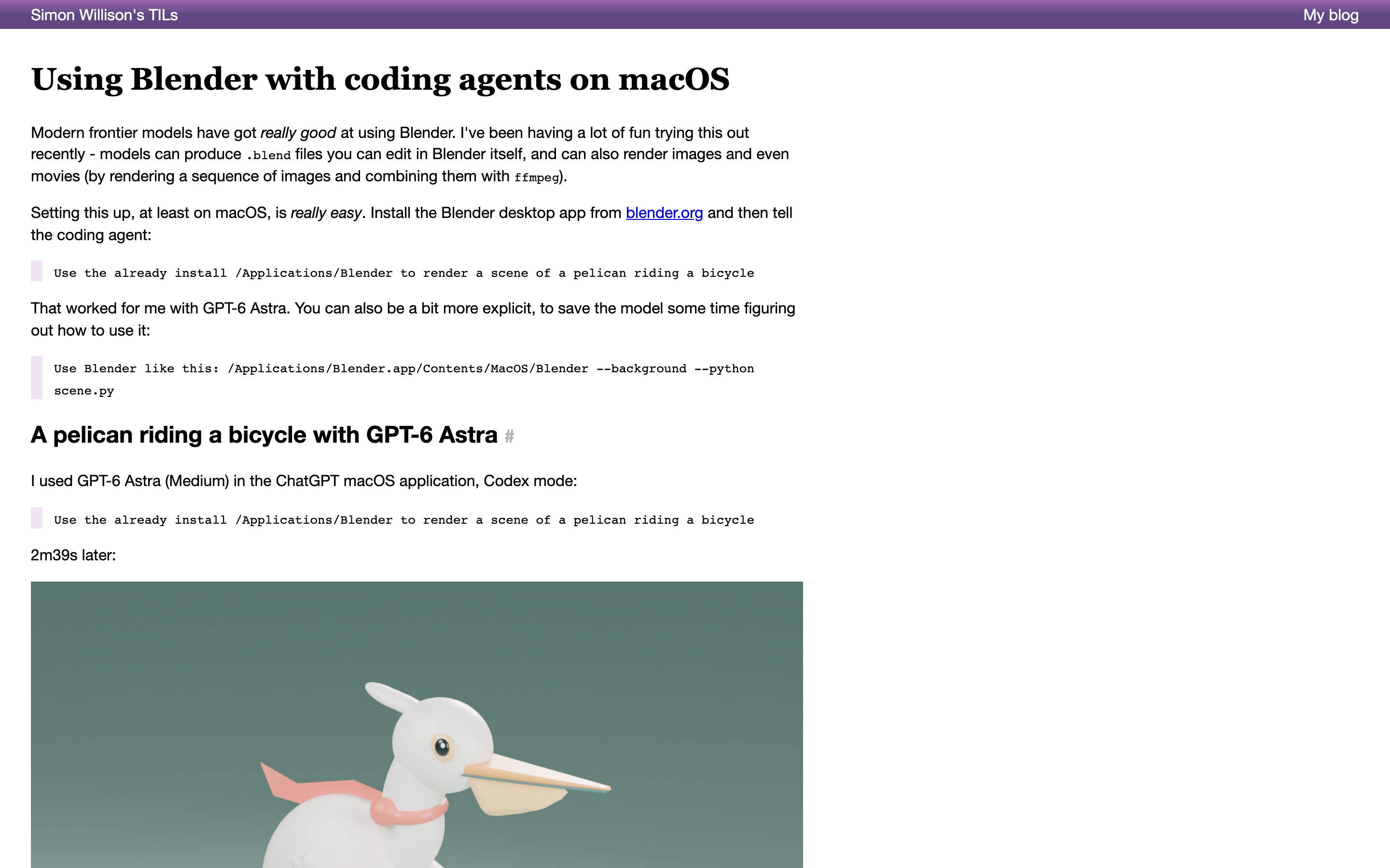 Фрагмент TIL-заметки Simon Willison «Using Blender with coding agents on macOS»